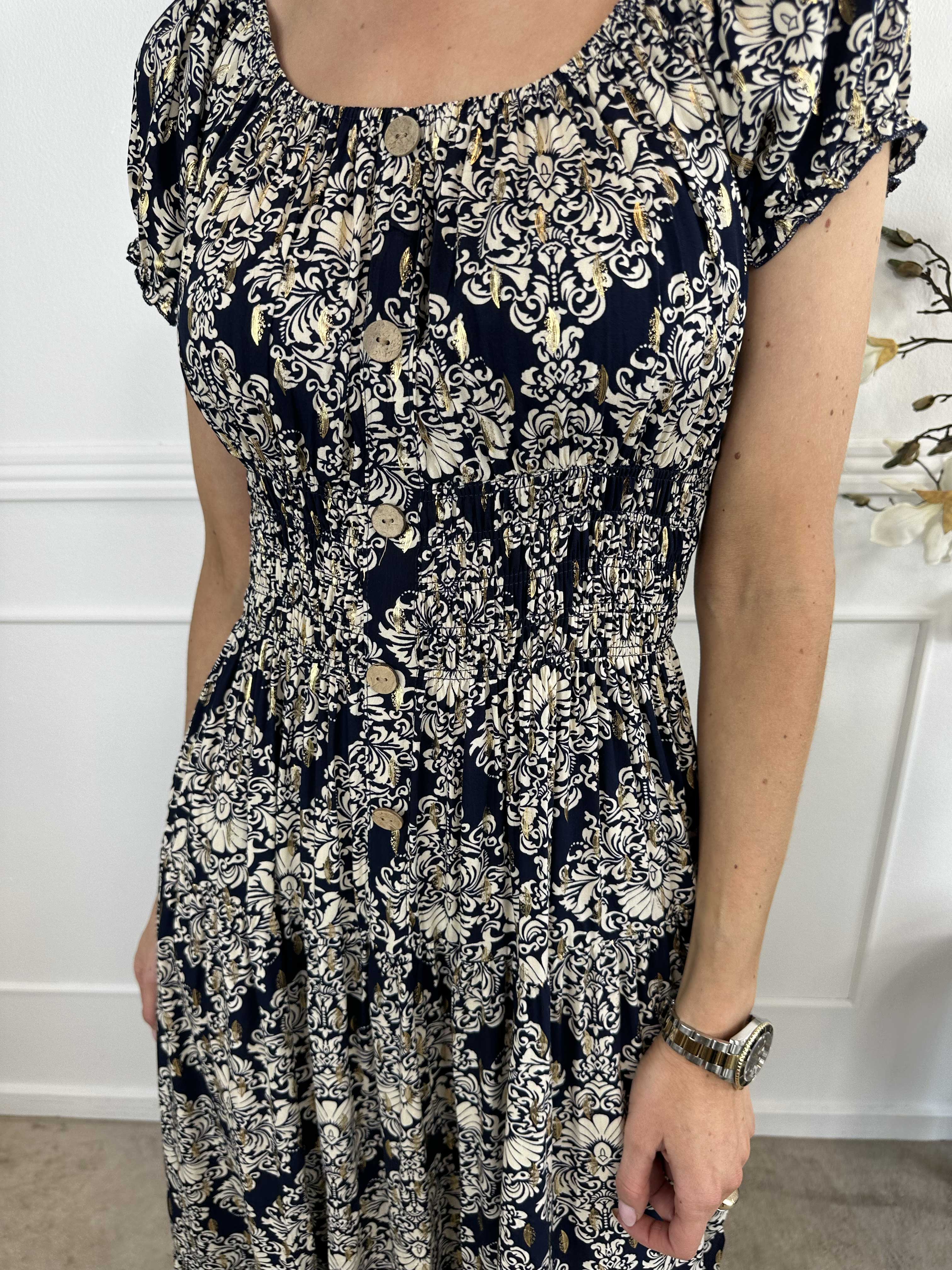 Elise - Lang mønstret kjole med elastik i udskæringen